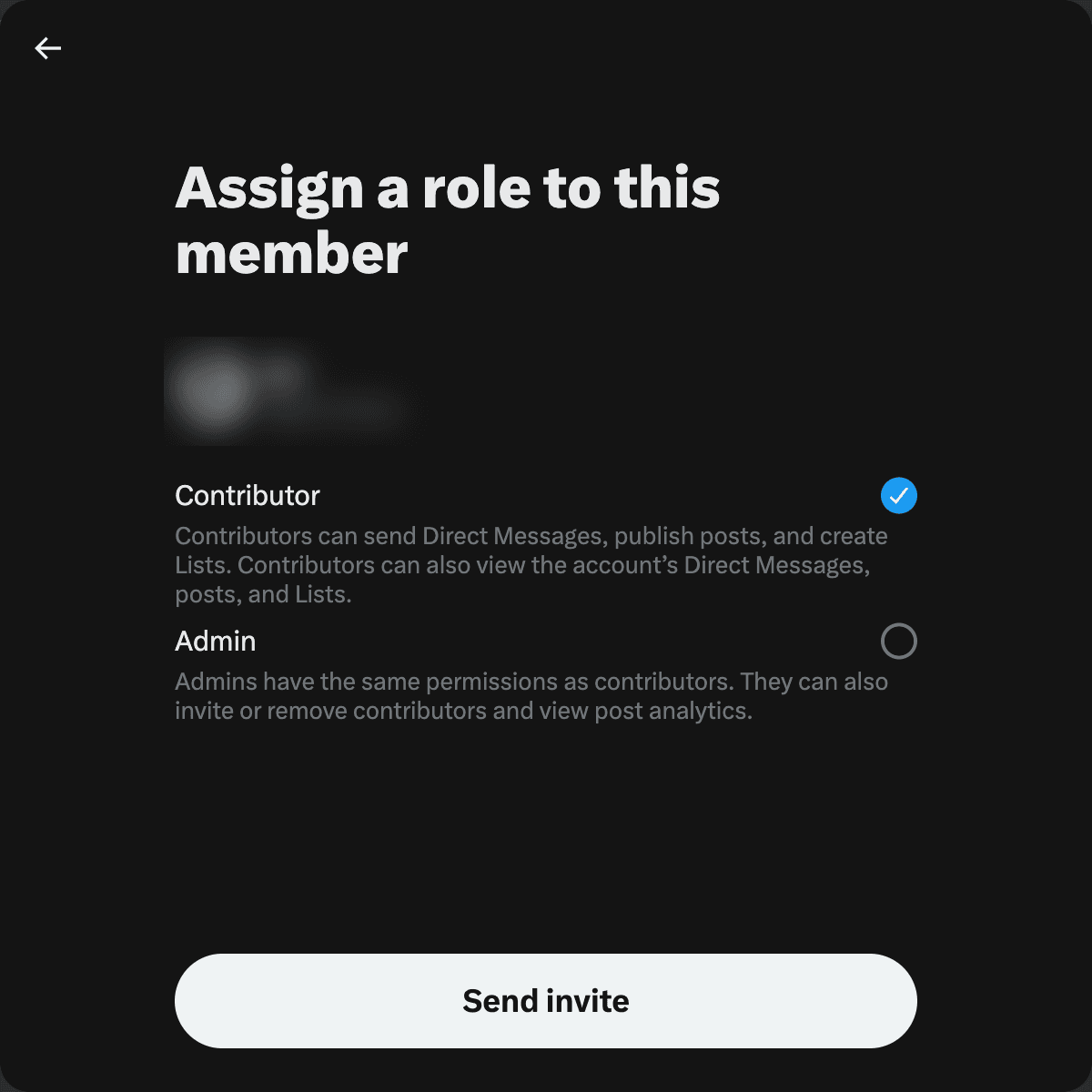 X's Assign a role to this member dialog, showing Contributor selected and Admin below it, with each role's permissions spelled out and a Send invite button