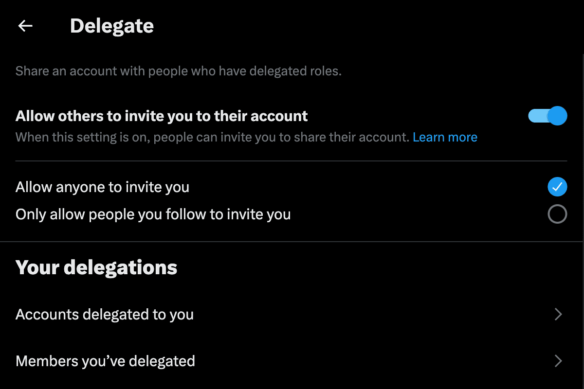 The X Delegate screen: a toggle for allowing others to invite you, and under Your delegations, two rows: Accounts delegated to you, and Members you've delegated