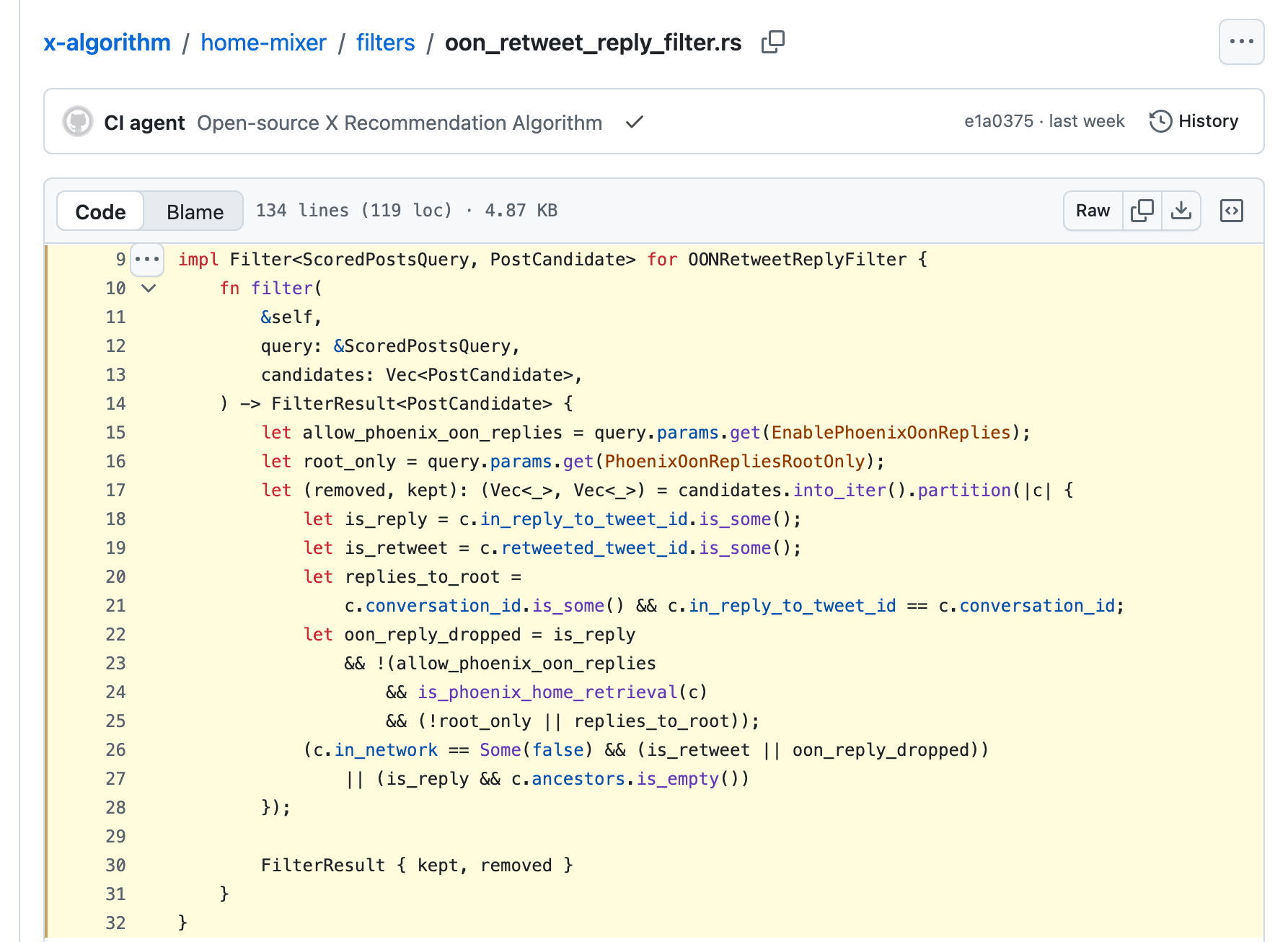 Lines 9 to 32 of home-mixer/filters/oon_retweet_reply_filter.rs on GitHub: the filter reads EnablePhoenixOonReplies and PhoenixOonRepliesRootOnly, marks a candidate as a reply or a repost, and removes it when in_network is false and it is a repost or a dropped reply.