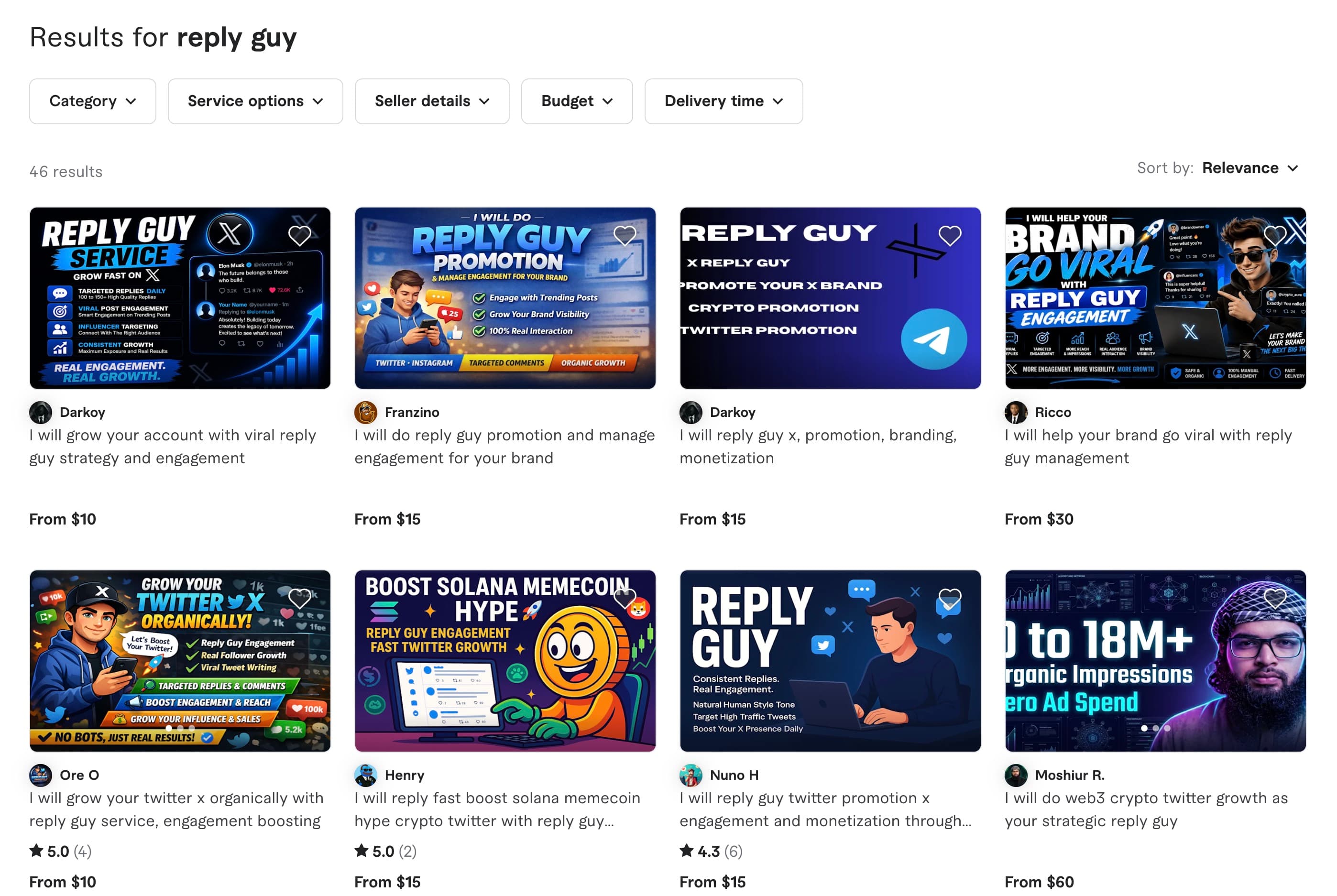 Fiverr search results for “reply guy”: 46 results above eight gig cards in two rows, with titles about reply guy engagement, X promotion and crypto, starting at $10, $15, $15, $30, $10, $15, $15 and $60.