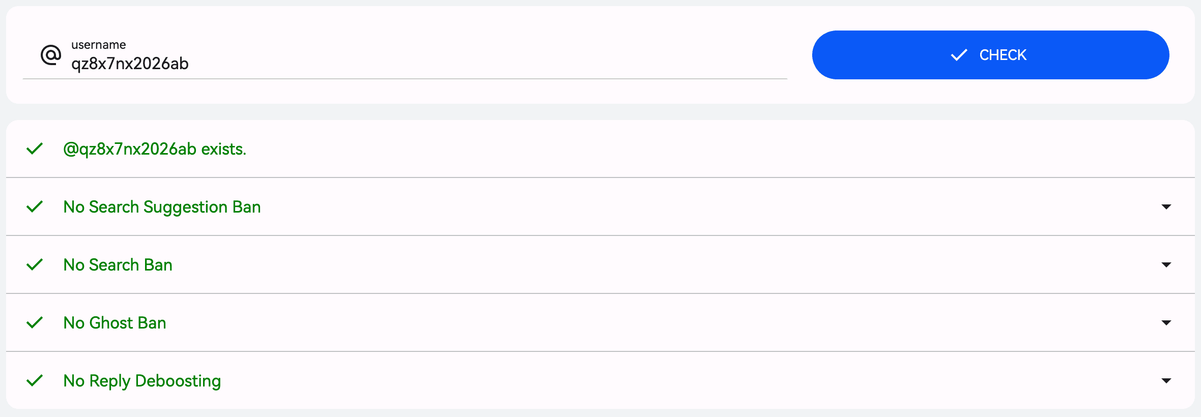 HiSubway’s shadowban test for the username qz8x7nx2026ab: green ticks next to “@qz8x7nx2026ab exists.”, “No Search Suggestion Ban”, “No Search Ban”, “No Ghost Ban” and “No Reply Deboosting”.