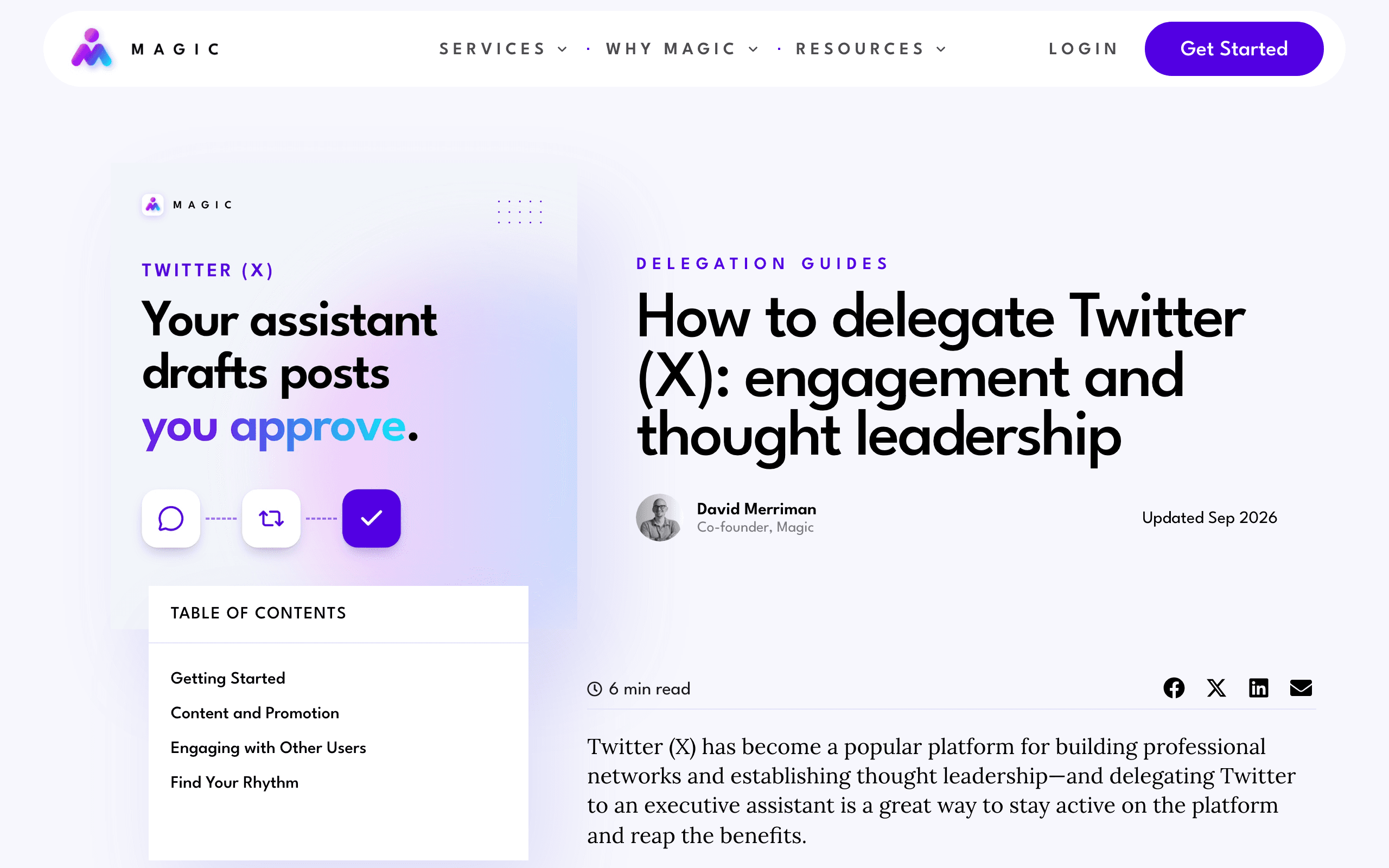 Magic’s guide page titled “How to delegate Twitter (X): engagement and thought leadership”, with a co-founder byline, “Updated Sep 2026”, a card reading “Your assistant drafts posts you approve.” and a table of contents.