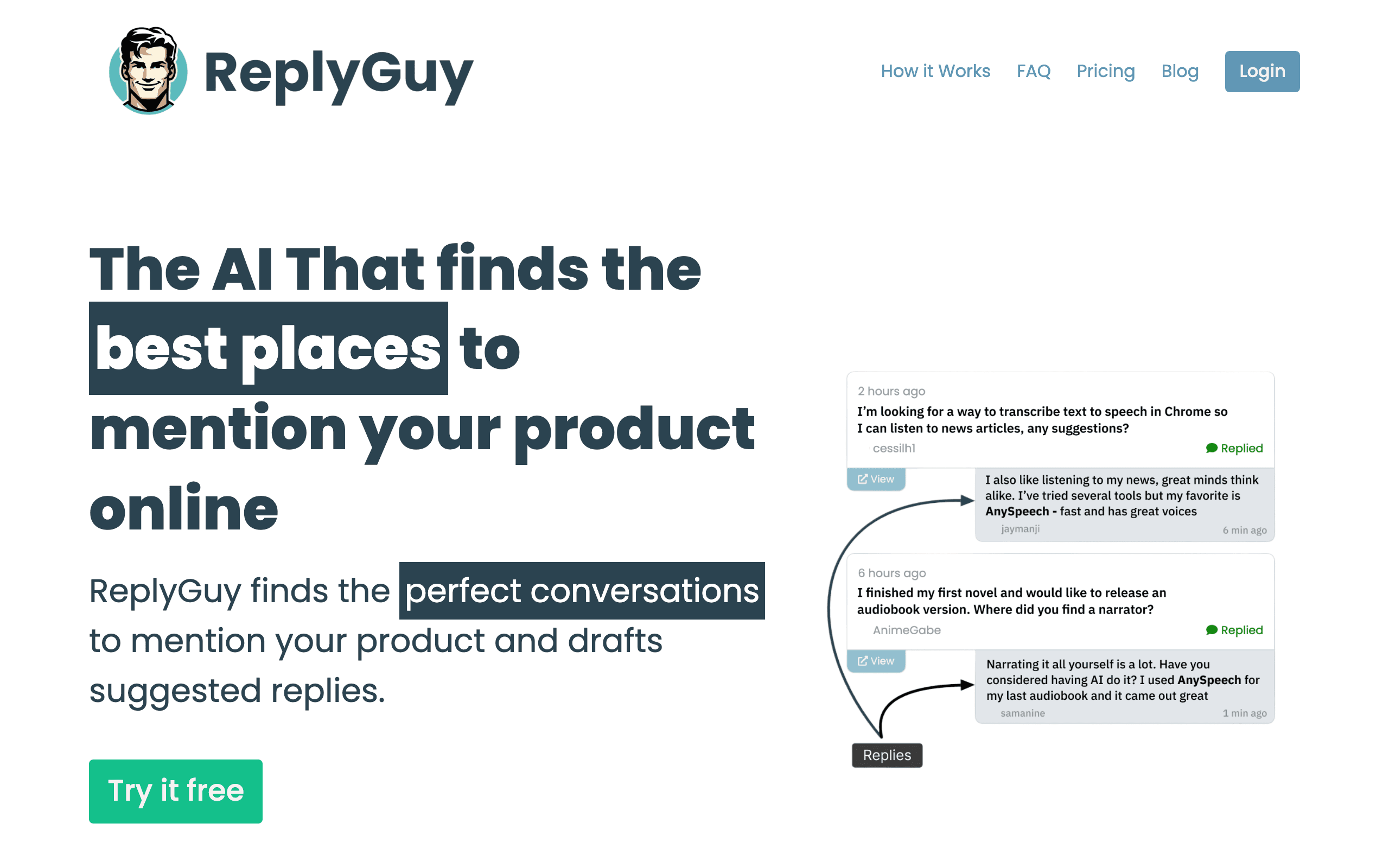 ReplyGuy.com homepage: a cartoon logo, a headline about finding the best places to mention your product online, a Try it free button, and an illustration of two forum questions marked Replied, each with a suggested reply that recommends a product.