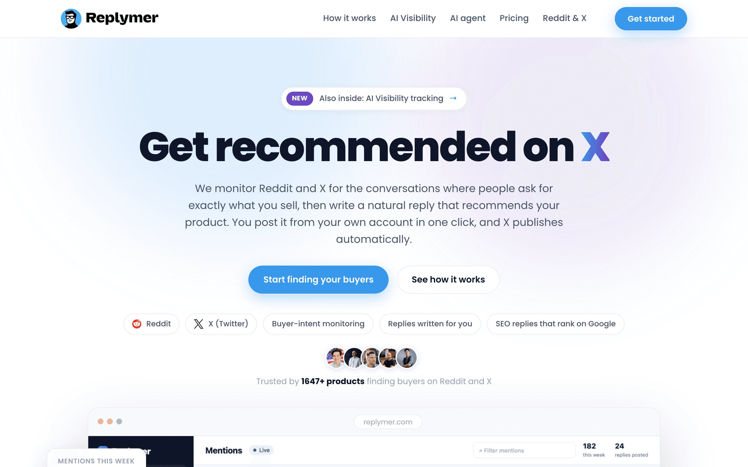 Replymer homepage: the headline “Get recommended on X”, a paragraph saying it monitors Reddit and X and you post each reply from your own account in one click, Start finding your buyers and See how it works buttons, chips for Reddit, X (Twitter), Buyer-intent monitoring, Replies written for you and SEO replies that rank on Google, and the top of a Mentions dashboard.