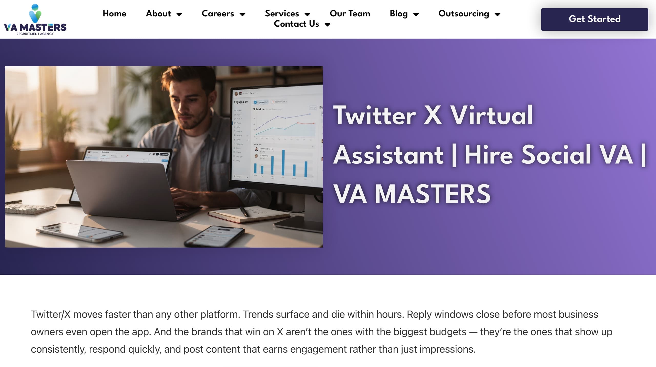 VA MASTERS page with a purple banner titled “Twitter X Virtual Assistant | Hire Social VA | VA MASTERS”, a photo of a man at a laptop beside a monitor showing an engagement dashboard, and an opening paragraph about reply windows on X closing before most business owners open the app.