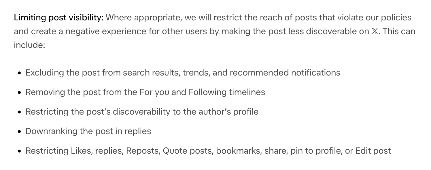 X’s help page, “Limiting post visibility: Where appropriate, we will restrict the reach of posts that violate our policies and create a negative experience for other users by making the post less discoverable on X. This can include:” followed by five bullets: excluding the post from search results, trends, and recommended notifications; removing the post from the For you and Following timelines; restricting the post’s discoverability to the author’s profile; downranking the post in replies; restricting Likes, replies, Reposts, Quote posts, bookmarks, share, pin to profile, or Edit post.
